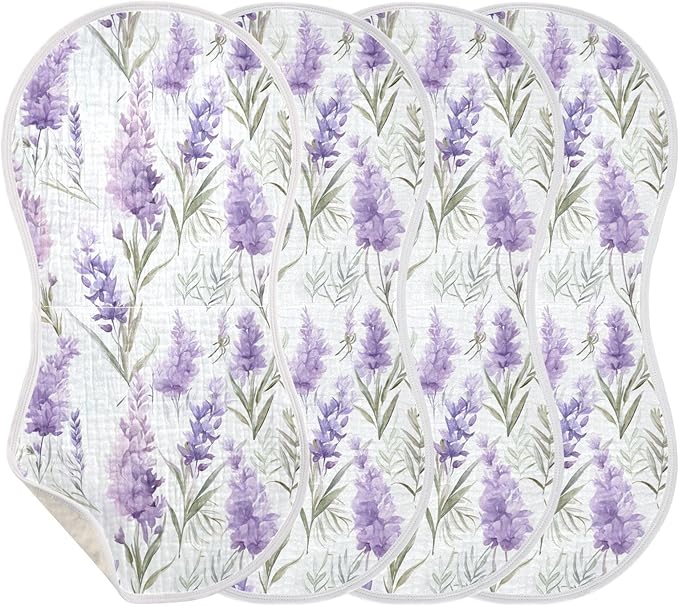 4Pcs Purple Lavender Flower Burp Cloth,Unisex Large Absorbent Soft Cotton Muslin Burping Cloths for Newborn Boys Girls,11x22in,A110334