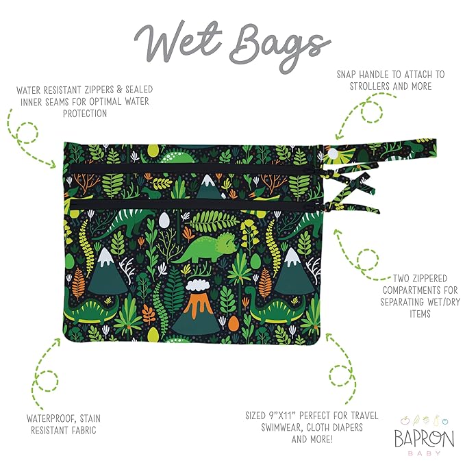 BapronBaby Dino Days Wet Dry Bag - Waterproof Two Zipper Pockets - Reusable for Mealtime, Diapers, Stroller, Snacks, Swimsuits - Machine Washable - 11" x 9"