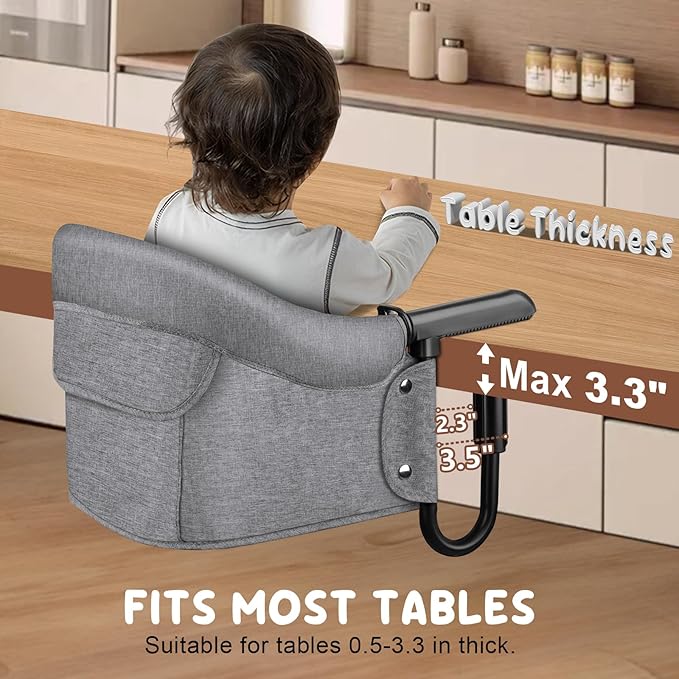 Portable Hook-On Baby High Chair with Clip-On Design & 37 lb Weight Capacity | Foldable Travel & Home Use for Babies 6-36 Months | Includes Storage Bag, Grey