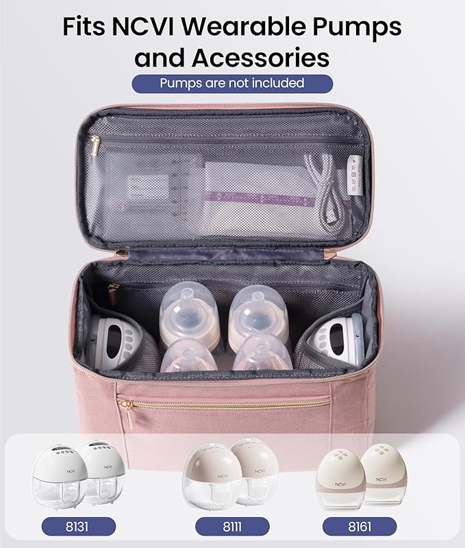 NCVI Breast Pump Storage Bag for Pumps and Extra Parts, Large Capacity Portable Pump Carrying Case with Handle, Waterproof Lining and Multiple Compartments, Perfect for Working & Nursing Moms, Pink