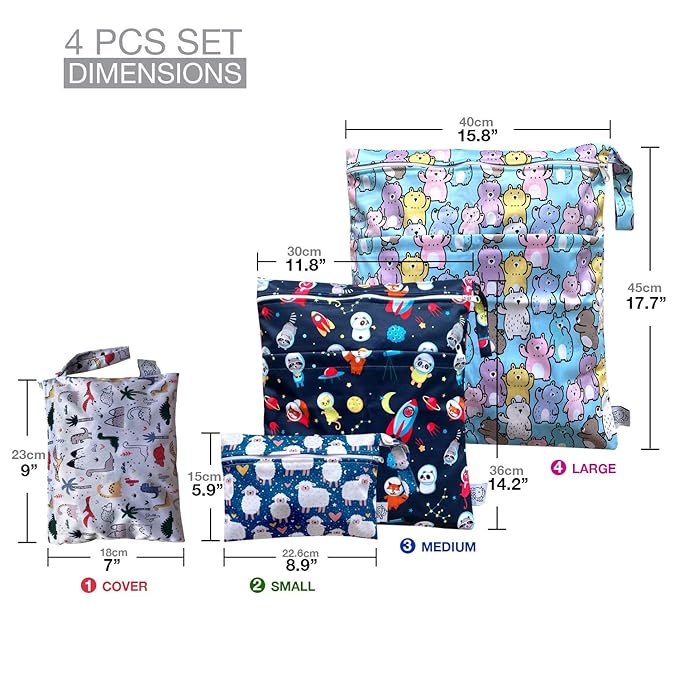 FLOCK THREE 4pcs Waterproof Wet Bag Reusable for Wet Clothes Baby Diapers Stroller Swimsuit Travel Reusable toiletries Pouch Small and Larger Electronics case 4 Pack (Blue Sky)