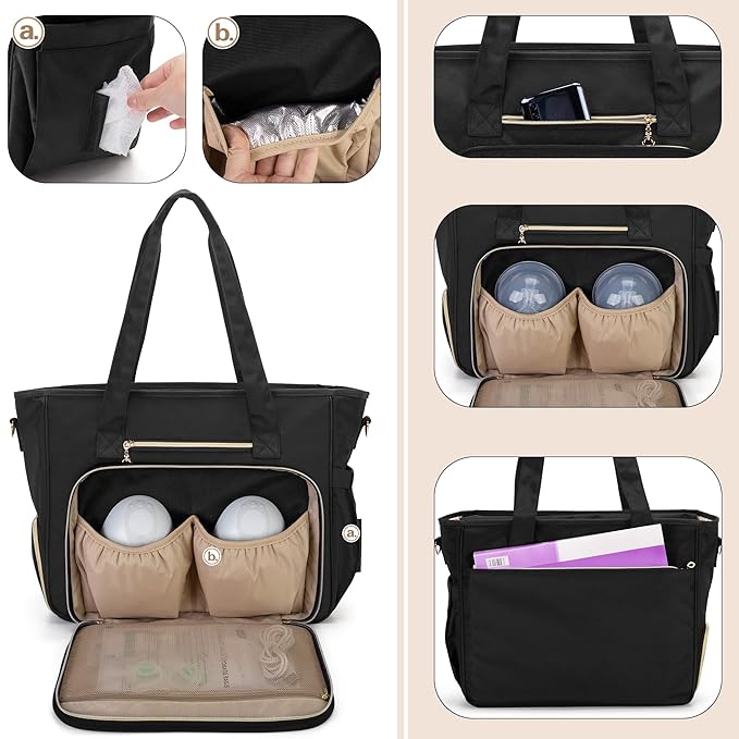 BAFASO Wearable Breast Pump Bag with Cooler and Laptop Sleeve (Compatible with Momcozy S12 Pro, Momcozy M5, Elvie), Pumping Bag for Working Moms (Patent Pending), Black