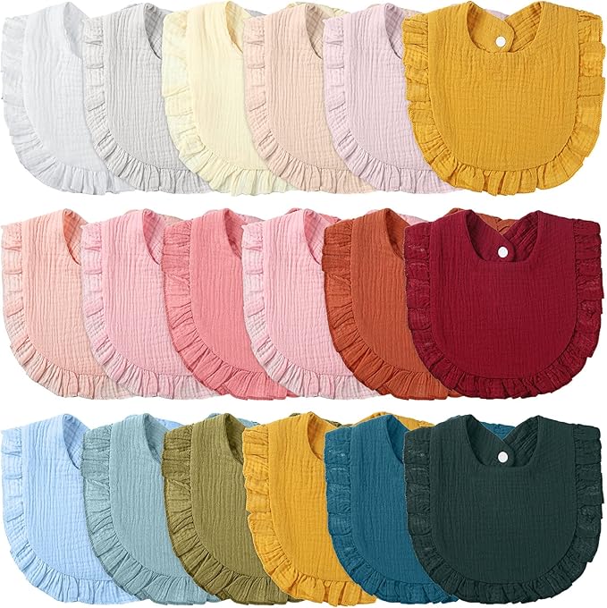 Kenning 18 Pcs Muslin Drool Baby Bibs Ruffle Absorbent Bib with Snap Button Boy Girl for Drooling Teething Infant Newborn