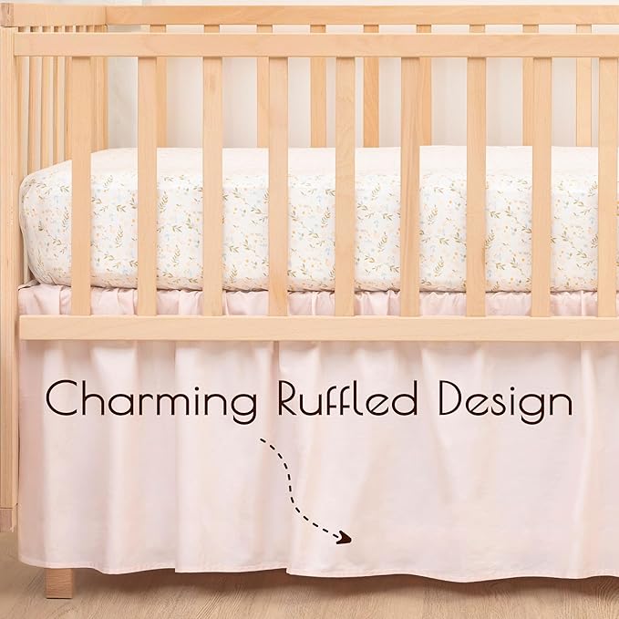 Ruffled Crib Bed Skirt, Baby Crib Skirt Girl, 52"x28" with 15" Drop Nursery Bedskirt, Cotton Bed Skirt, Oeko TEX Certified Cribs Dust Ruffle, Crib's Accessories Girl (Pink Bed Skirt)