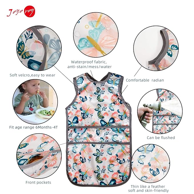 Joyo roy Mess Proof Baby Bibs for Eating Waterproof Toddler Bibs 2-4 Years Soft Machine Washable Sleeveless Smock Bib for Baby Girl Travel Reusable Led Weaning Apron for Feeding Bib with Food Catcher