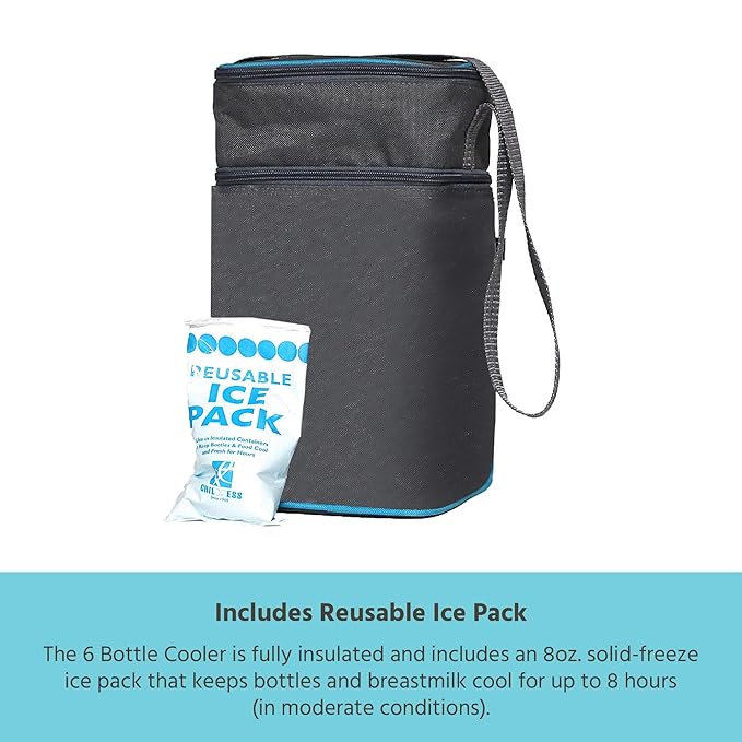 J.L. Childress Six Bottle Breast Milk Cooler Travel Bag - Insulated Baby Bottle Storage Bag, Portable Organizer Pack for Breast Milk, Use for Daycare or On The Go - Black Stripe