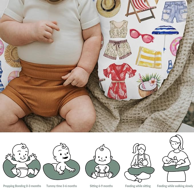 Watercolor Girl Beach Days Baby Nursing Pillow Covers for Boy Girl Summer Seaside Nursing Pillow Slipcovers for Breastfeeding Pillows Beach Vacation Holiday Soft Stretchy Cover for Newborn Infant