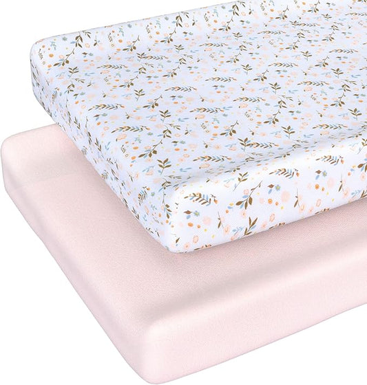 Baby Changing Pad Cover Girl, 100% Cotton Changing Table Sheets, 2 Pack Changing Table Covers, 32"x16" x 8" Diaper Changing Pad Cover Girl, Oeko-TEX Certified (Floral Pink Changing PadCover)