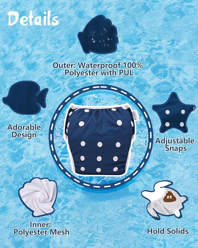Babygoal Swim Diapers 3 Pack for 8M-3T Infant and Toddler, Reusable Adjustable Washable for Baby Swimming Lessons 3ZSD38-B