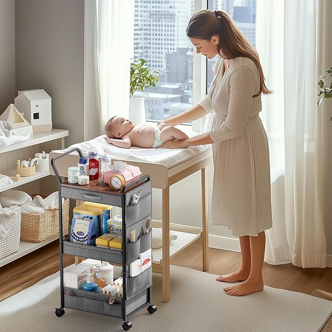 BBLIKE 3-Tier Diaper Caddy Organizer - Rolling Utility Baby Cart with Drawer and Side Pockets for Nursery and Baby Essentials, Multi-Function Cart for Bedroom and Bathroom, Gray