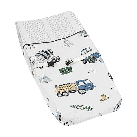Sweet Jojo Designs Construction Truck Boy Baby Nursery Changing Pad Cover - Grey Yellow Black Blue and Green Transportation Chevron Arrow