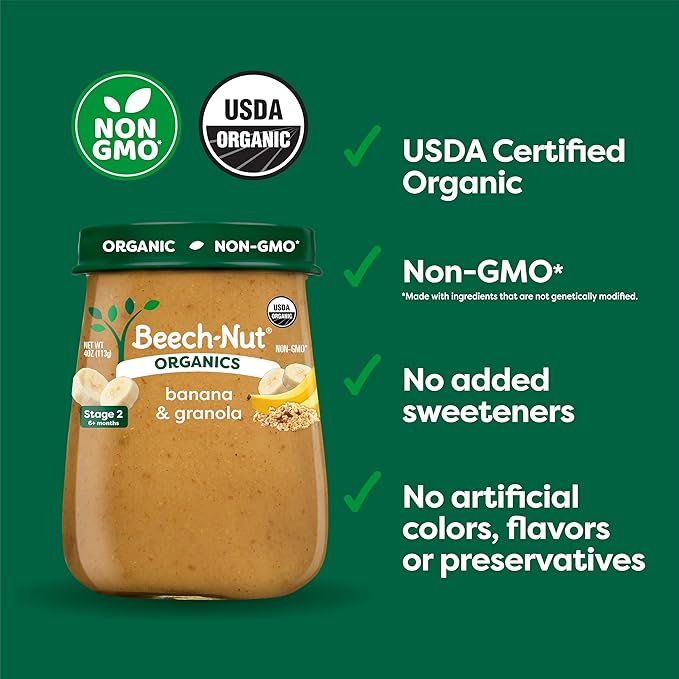 Beech-Nut Organic Baby Food Jars, Organic Banana & Granola Puree, Stage 2 Baby Food for Babies 6 Months and Up, Non-GMO, 4oz Glass Jars, 10ct (Pack of 2)