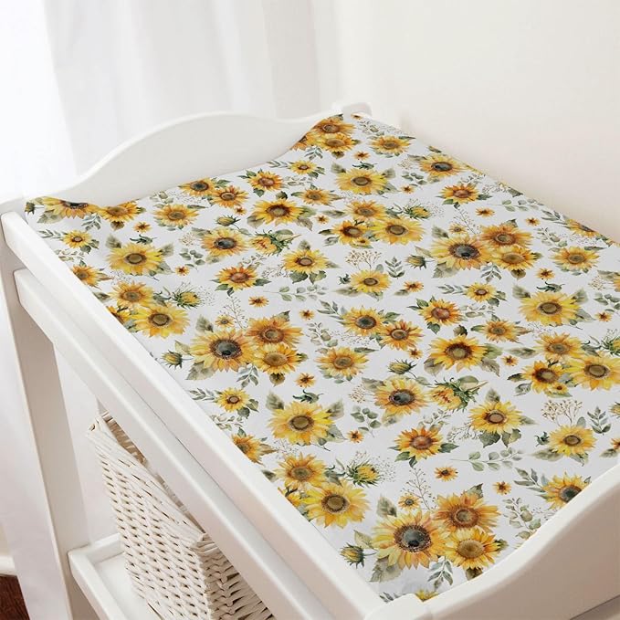 Watercolor Yellow Sunflowers Changing Pad Covers Boho Sunflowers Leaves Baby Changing Table Sheets for Boy Girl Summer Wild Floral Soft Breathable Stretchy Diaper Changing Table Mats 32''x16''