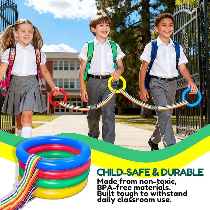 16-Ring Colorful Walking Rope for Preschool - Detachable Safety Line Rope with Smiley Textured Rings, with 1 pcs GO/Stop Sign Handheld