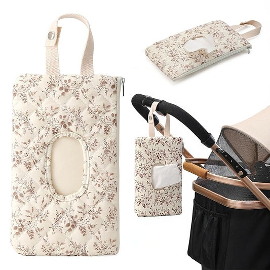 Quilted Baby Wipe Holder, Canvas Floral Quilted Pouch with Hanging Strap, Portable Diaper Wipe Holder for Travel Stroller-Beige