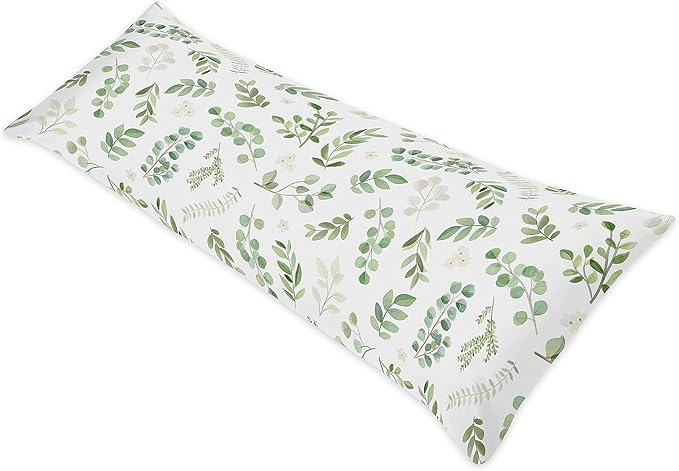 Sweet Jojo Designs Floral Leaf Body Pillow Case Cover (Pillow Not Included) - Green and White Boho Watercolor Botanical Woodland Tropical Garden