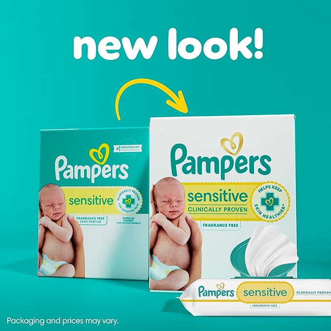 Pampers Sensitive Baby Wipes, Water Based, Clinically Proven, Hypoallergenic, and Unscented for Babies, 672 Wipes Total (8 Flip-Top Packs) [Packaging May Vary]