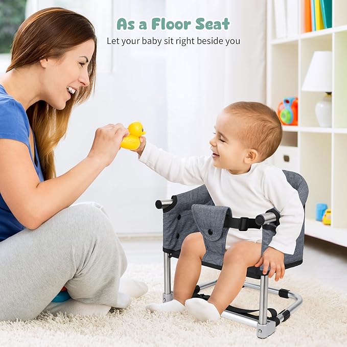 Booster Seat for Dining Table, 3-in-1 Portable Toddler Booster Chair with Safety Buckle, Height Adjustable & Foldable Baby Feeding Seat, Travel High Chair with Washable Cover & Storage Pocket - Grey