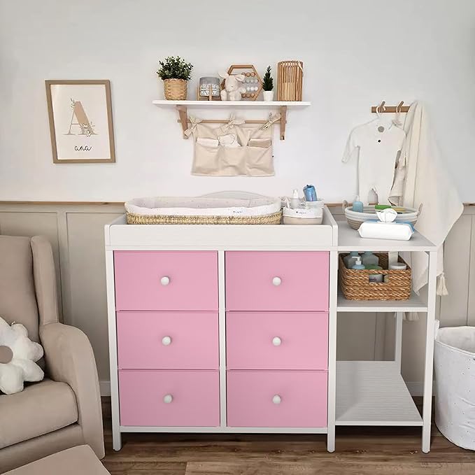 BOLUO Baby Dresser with Changing Table Top, Changing Table Dresser with 6 Fabric Drawers Diaper Changing Station with Storage Shelf for Nursery Modern