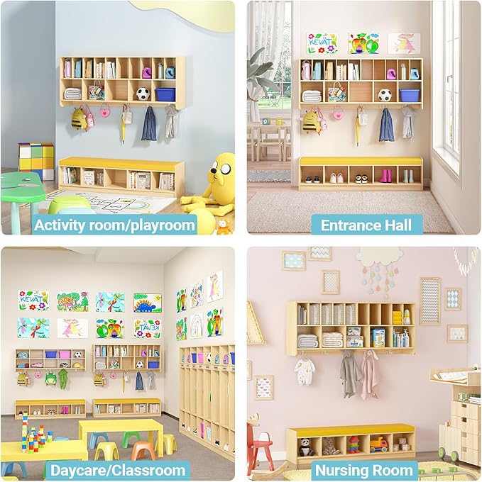 Kikihouse Wall Diaper Organizer for Daycares with Cubby Bench, Wooden Diaper Shelf with 5 Cubbies and 10 Small Storage, Daycare Cubbies for Nursery, Home, School