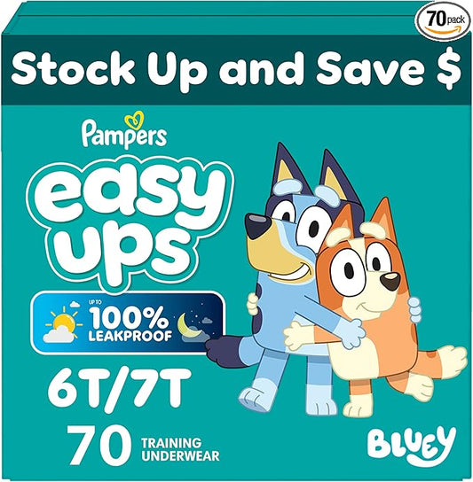 Easy Ups Girls & Boys Potty Training Pants, Size 6T-7T, 70 Count, Bluey Absorbent Training Underwear, Up to 100% Leakproof Day and Night, Hypoallergenic (Packaging May Vary)