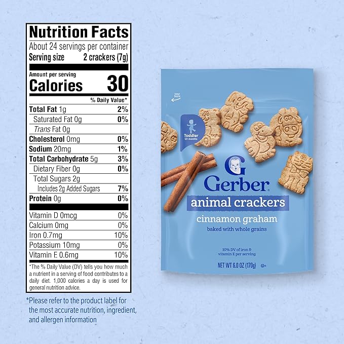 Gerber Snacks for Toddler Animal Crackers, Cinnamon Graham, Toddler Snack Baked with Whole Grains & Non-GMO Ingredients, 6 Ounce Resealable Pouch Each (Pack of 5)