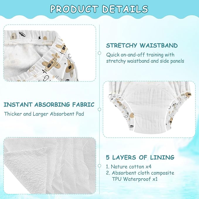 Little Boys Potty Training Undies Absorb Water Bed Wetting Underpants for 2T Cute Airplane Cartoon Pattern with Simple Lines