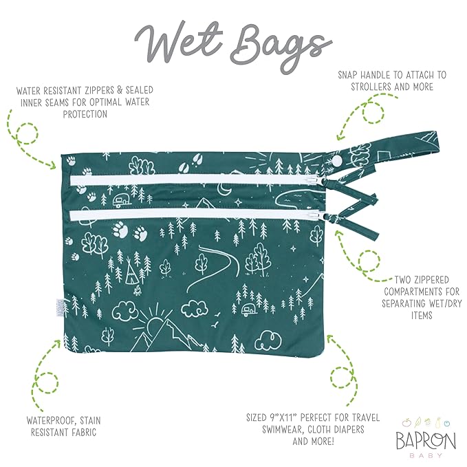 BapronBaby Pine Forest Wet Dry Bag - Waterproof Two Zipper Pockets - Reusable for Mealtime, Diapers, Stroller, Snacks, Swimsuits - Machine Washable - 11" x 9"