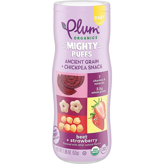 Plum Organics Mighty Puffs Organic Baby Food - Beet and Strawberry - 1.85 oz Canister - Ancient Grains and Chickpea Snacks