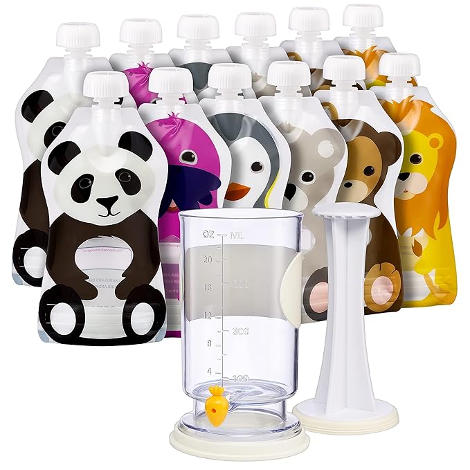 Squooshi Reusable Baby Food Pouches for Toddlers | Design Patented | Refillable for Yogurt, Applesauce, Smoothies & Puree | 12 Pack | 5oz | BPA Free, Food Safe, Freezer Safe | Assorted Animals