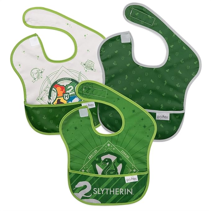 Bumkins Bibs for Girl or Boy, SuperBib Baby and Toddler for 6-24 Months, Essential Must Have for Eating, Feeding, Baby Led Weaning, Mess Saving Waterproof Soft Fabric, 3-pk Harry Potter Slytherin