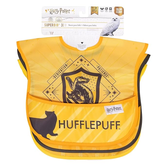 Bumkins Bibs for Girl or Boy, SuperBib Baby and Toddler for 6-24 Months, Essential Must Have for Eating, Feeding, Baby Led Weaning, Mess Saving Waterproof Soft Fabric, 3-pk Harry Potter Hufflepuff