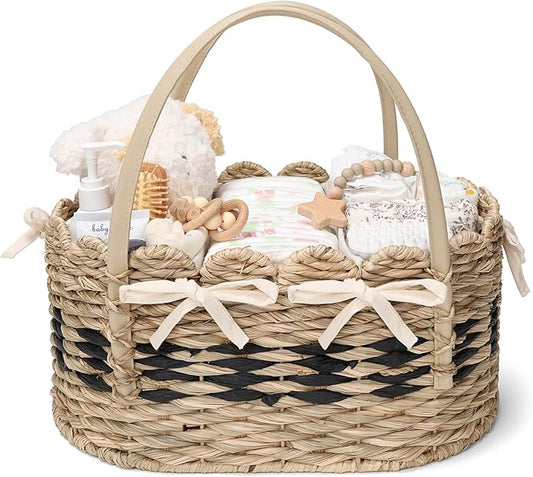 Diaper Caddy Organizer, Hand Woven Scalloped Diaper Caddy Basket Changing Table Organizer, Natural Seagrass Wicker Nursery Bakset Picnic Basket Household Organizer, Natural