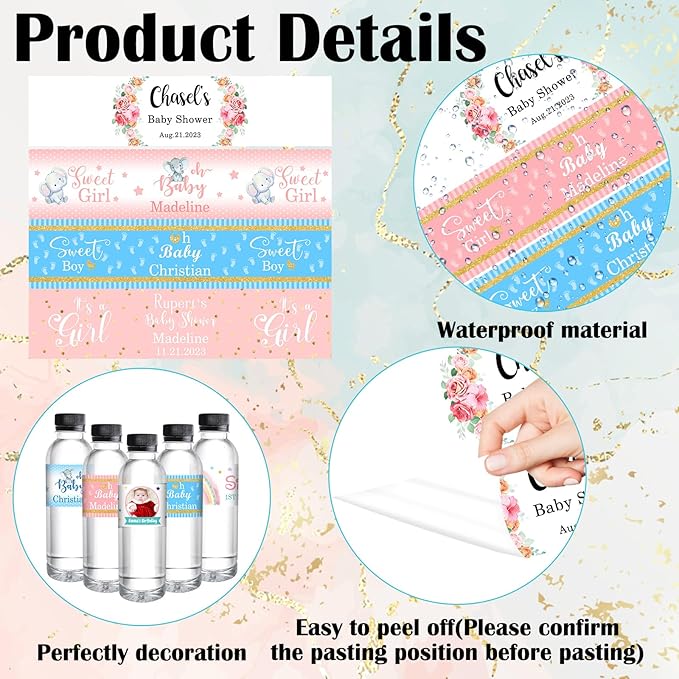 Personalized Water Bottle Labels for Baby Shower Custom Baby Shower Labels with Name for Water Bottle Stickers Waterproof Printable Photo Bottle Labels Gifts 50 Pcs