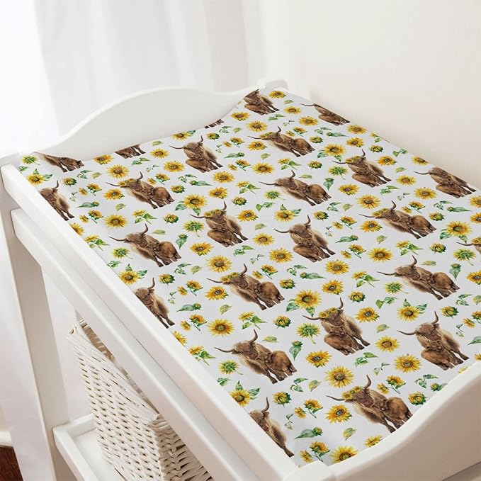 Highland Cow Sunflowers Leaves Baby Changing Pad Cover for Boy Girl 32''x16'' Highland Yak Boho Floral Fitted Diaper Change Table Sheets Farm Animal Comfort Soft Breathable Nursery Changing Table Mat