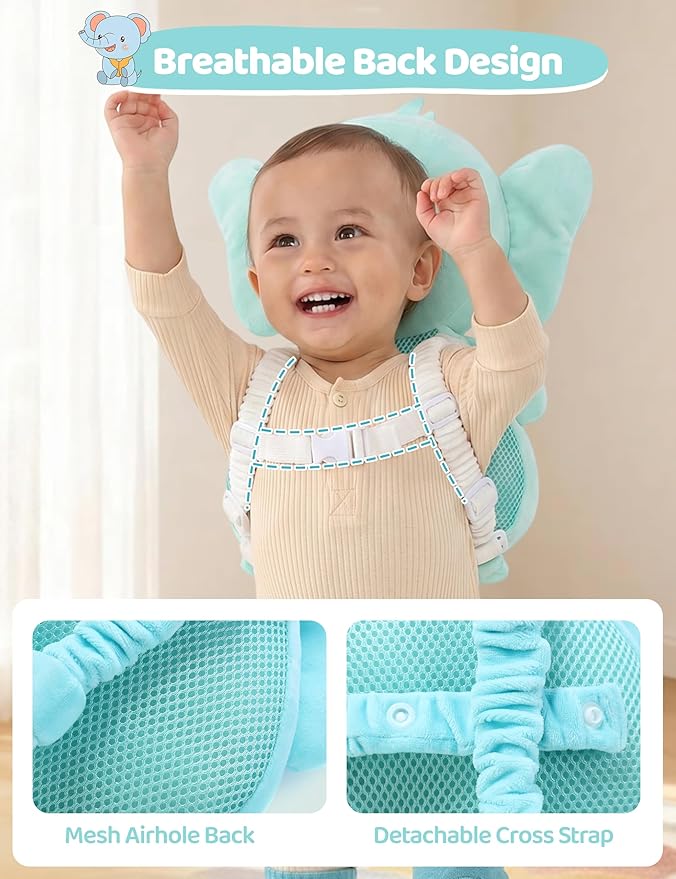 JunNeng Baby Head Protector Backpack with Squeaker，Toddler Head Safety Protection Cushion, Light Blue Elephant