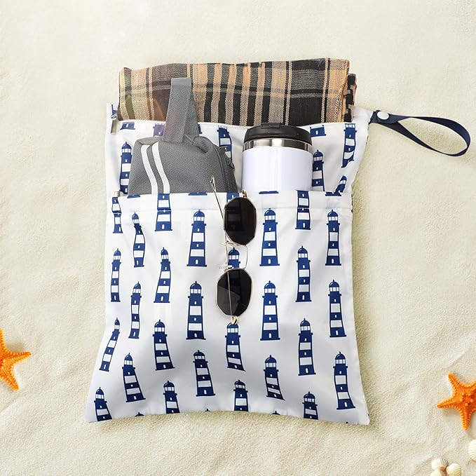Frienda 4 Pieces Cloth Diaper Wet Dry Bag, Waterproof Reusable Washable Bag for Baby Items and Travel Zippered Pockets with Handle, Beach, Swimsuit, Dirty Gym Clothes and Toiletries(Nautical Style)