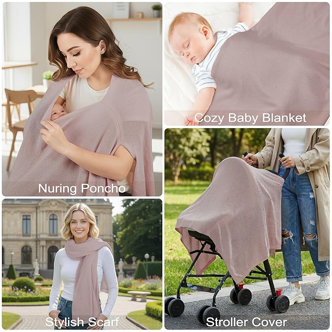 Knit Nursing Cover Up for Breastfeeding, Soft & Cozy Breastfeeding Poncho with Dual Side Slits, 360° Full Privacy Nursing Shawl with Laundry Bag, Mauve Taupe