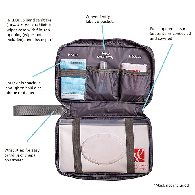 J.L. Childress Healthy Habits On-The-Go Clutch with Baby Wipes Case, Hand Sanitizer, Travel Tissues - Organize and Carry PPE - Baby Wipes Container - Travel Clutch and Organizer - Dark Grey