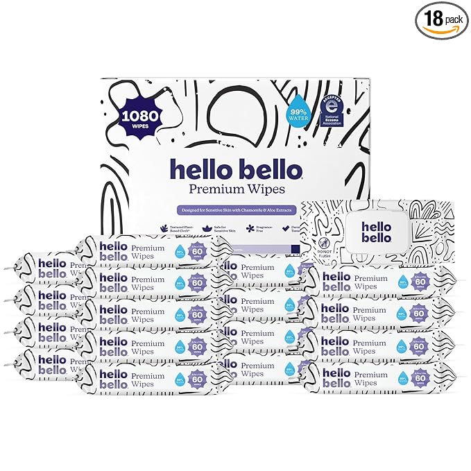 Hello Bello Premium Wipes, Designed for Sensitive Skin with Chamomile & Aloe Extracts, Playful Sketches (18 Resealable Packets = 1080 Total Wipes)