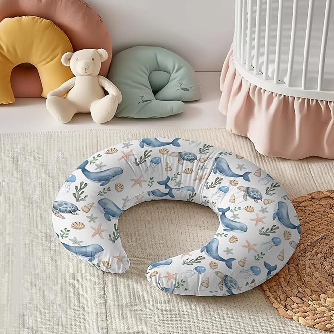 Watercolor Ocean Whale Sea Turtle Starfish Seashells Pattern Nursing Pillow Cover, Unisex Removable Breastfeeding Pillowcase Slipcover for Baby Girls Boys Newborns Toddlers, Cover Only