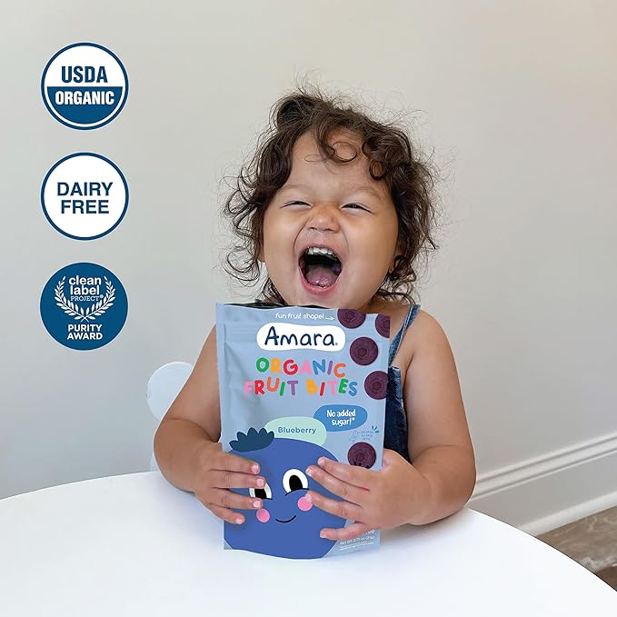 Amara Organic Fruit Bites Blueberry - No Artificial Colors/Dyes, No Added Sugar, Dairy-Free Fruit Snacks, Made with Organic Whole Foods, Healthy Fruit Snacks for Kids - 6 Pack
