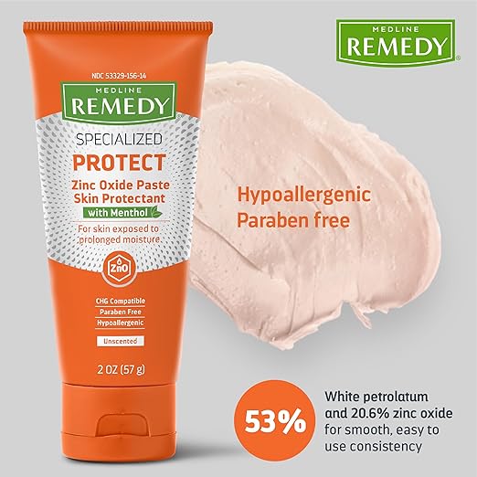 Medline Remedy Specialized Zinc Oxide Paste with Menthol (2 oz Tube), Unscented, Calamine, Incontinence Care, Diaper Rash, Wetness Protection, Hypoallergenic, Paraben Free, Adults, Soothing
