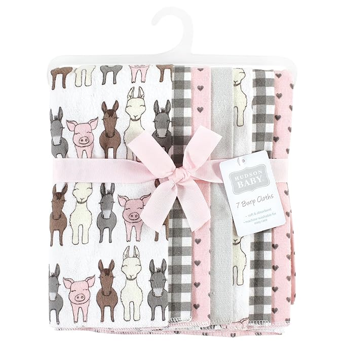 Hudson Baby Unisex Baby Cotton Flannel Burp Cloths, Farm Friends Pink 7-Pack, One Size