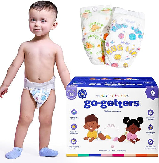 Happy Hues Go-Getters Disposable Diapers Size 6, 35+ lbs–Baby Diapers with Shea Butter, Wetness Indicator,Leak Protection–Ultra-Soft Unisex Diapers with Full Coverage for Boys &Girls– 68Count