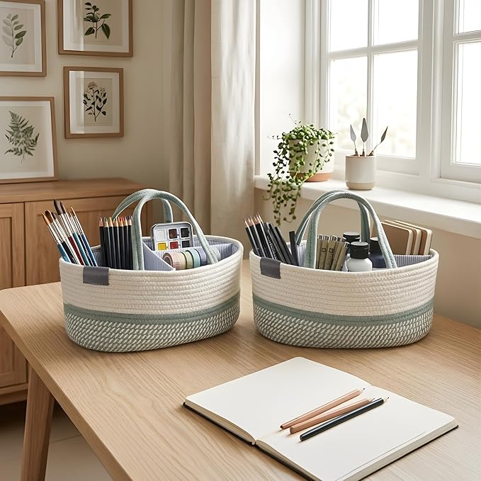 DECOMOMO Baby Caddy Organizer, Mother's Day Diaper Caddy Basket, Baby Baskets for Baby Shower (Sage Green & White, Large)