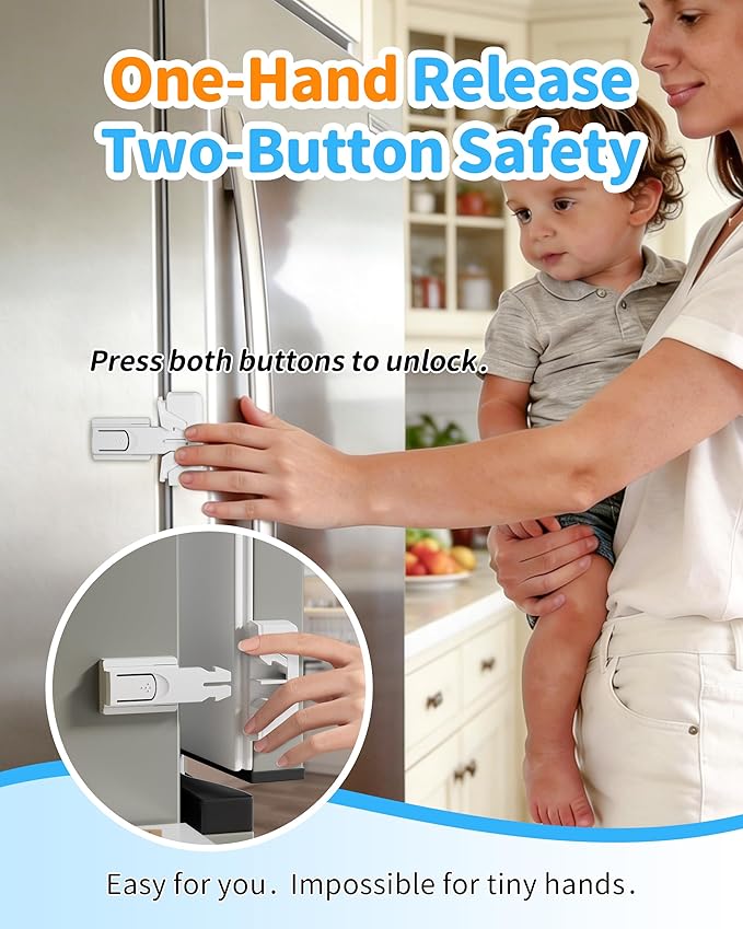 Yunkey Child Safety Fridge Lock — Auto-Lock Design, One-Hand Open & Self-Locking Close — Helps Keep Toddlers & Pets Out — 3M Strong Hold & Clean Removal | White, 2-Pack
