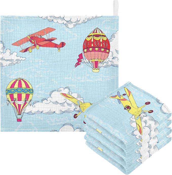 vvfelixl Baby Muslin Washcloths Hot Air Balloons Airplanes Baby Burp Cloths Cotton Baby Face Towel for Newborn Infants Boys Girls Soft and Absorbent 11.8 X 11.8 in, 3 Pack