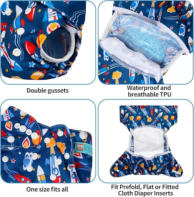 ALVABABY 6pcs Cloth Diaper Covers &1 Wet Dry Bag, Washable Reusable Cloth Nappy Shell for Prefold with Multi-Functional Bag, Flat or Fitted Diaper Inserts 6NKZ06