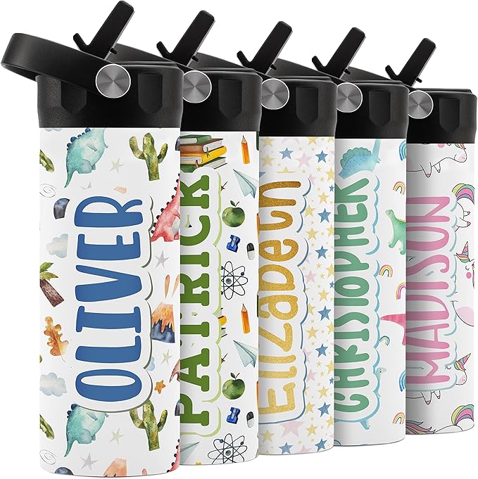 Personalized Water Bottle for Kids - 14 oz - 14 Design Options, Custom Water Bottle for Children - End of School Year Gifts, Back to School Gifts - BPA FREE, Double-Wall Insulation - Dino 1